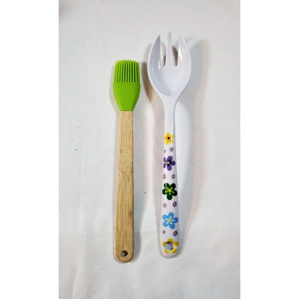 Kitchen Utensil Set Floral Salad Spoon Fork Silicone Basting Brush Bamboo‎